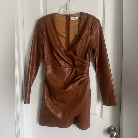 NWT Vestique Tan Faux Leather Wrap Dress | small - Picture 1 of 7